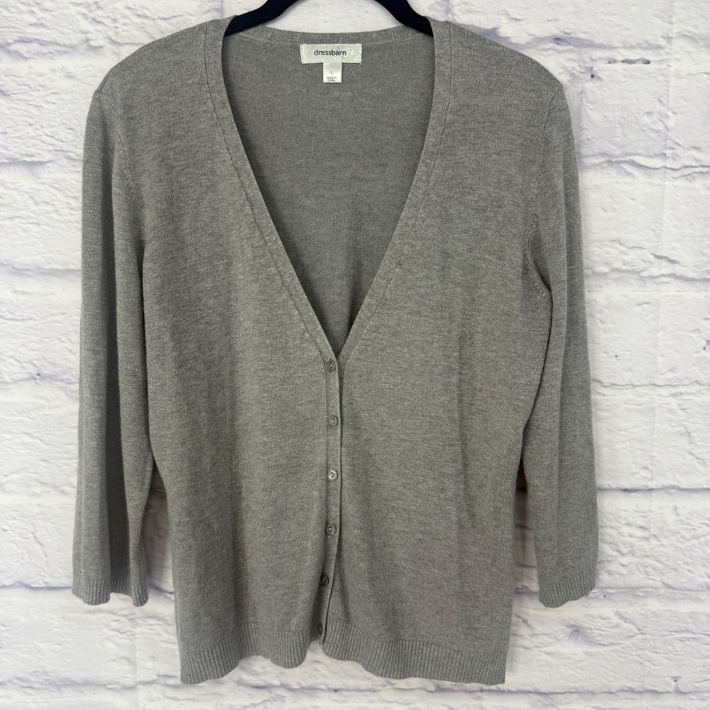 Dress‎ Barn Gray V Neck Button Up Cardigan Sweater Women Size L